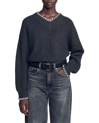 Sandro Augusta Wool Blend Whipstitch V Neck Sweater In Gray