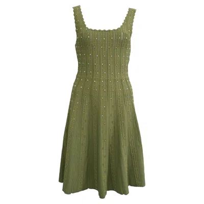 Sandro Avah Scalloped Embellished Ribbed-knit Mini Dress In Olive Polyamide In Animal Print
