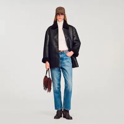 Sandro Aviator Shearling Coat In Black
