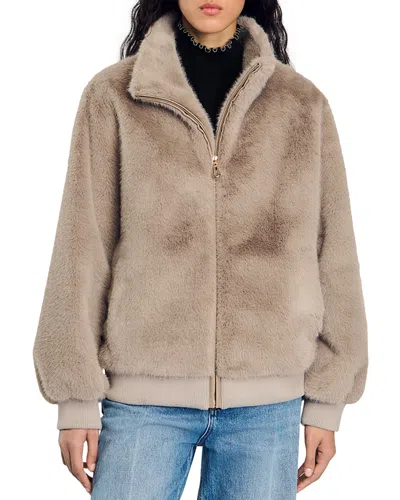 Sandro Babel Faux Fur Jacket In Grey