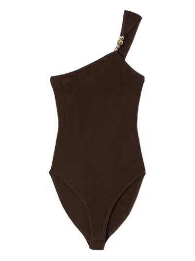 Sandro Bead-detail Asymmetric Bodysuit In Brown