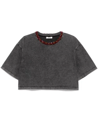 Sandro Bead-embellished Cropped T-shirt In Gray