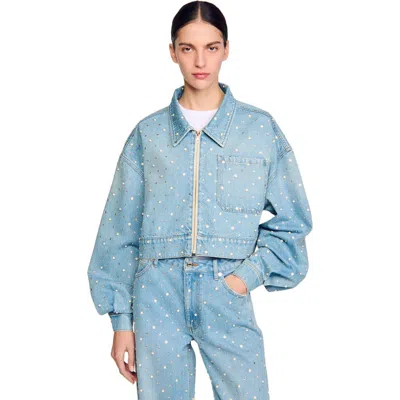 SANDRO SANDRO BEADED AND RHINESTONE DENIM JACKET