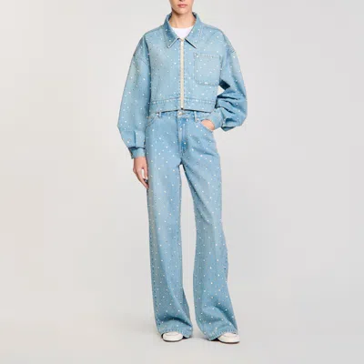 Sandro Beaded And Rhinestone Denim Jacket In Blue Jean