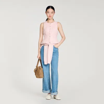 Sandro Beaded Check Tweed Vest In Pink