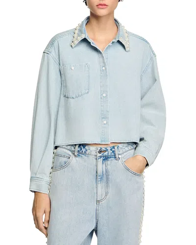 Sandro Beaded Collar Denim Shirt In Light Blue Jean