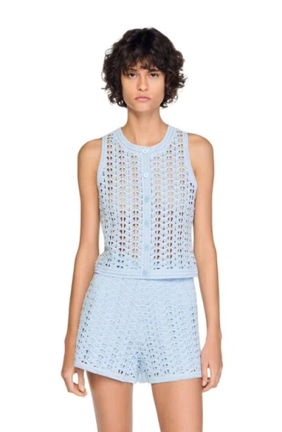 Sandro Beaded Crochet Cardigan In Blue
