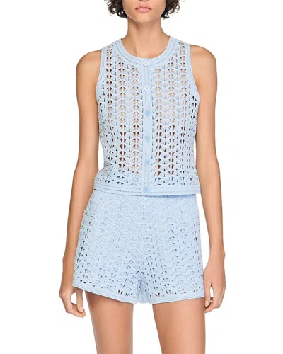 Sandro Paris Open-work Crochet Sleeveless Cardigan In Blue