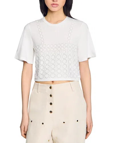 Sandro Beaded Cropped Tee In White