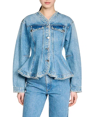 Sandro Beaded Denim Jacket In Blue