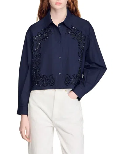 Sandro Womens Navy Blue Floral-embroidered Cotton Shirt