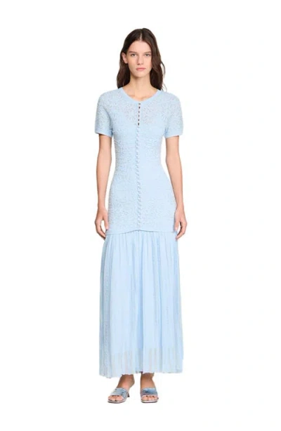Sandro Womens Sky Blue Short-sleeved Button-up Knitted Maxi Dress