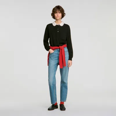 Sandro Fitzgerald Beaded Polo Collar Sweater In Black
