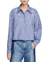 Sandro Womens Bleus Striped Rhinestone-embellished Cotton Shirt In Blue