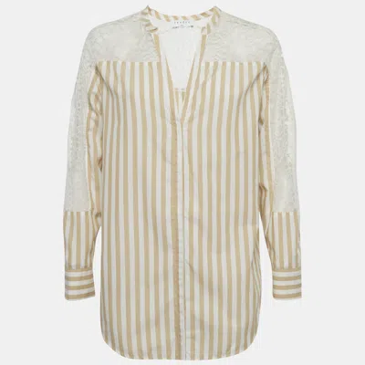 Pre-owned Sandro Beige & White Striped Cotton & Lace Shirt M In Sand