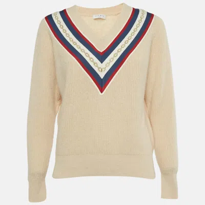 Sandro Beige Applique Rib Knit V-neck Sweater In Neutral