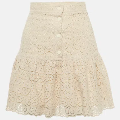Pre-owned Sandro Beige Broderie Anglaise Tiered Mini Dress S In Sand