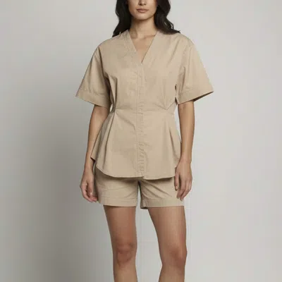 Sandro Beige Cotton V-neck Inverted Pleat Blouse In Brown