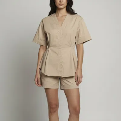 Pre-owned Sandro Beige Cotton V-neck Inverted Pleat Blouse S In Sand