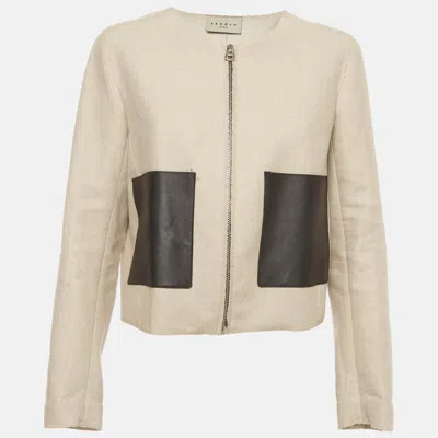 Pre-owned Sandro Beige Linen Blend Leather Trim Zip-up Jacket L