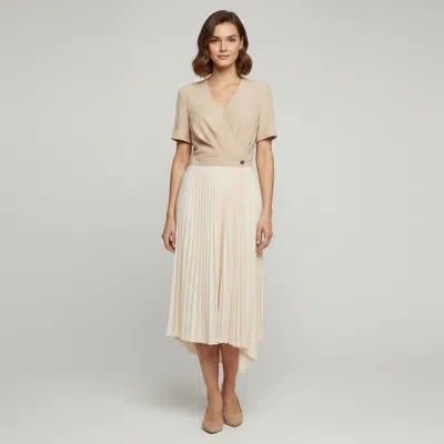 Pre-owned Sandro Beige Plisse Short Sleeve Midi Dress L In Sand