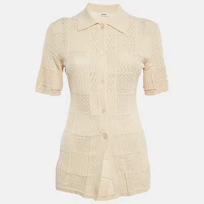 Pre-owned Sandro Beige Pointelle Knit Button Front Short Sleeve Shirt Xs In Cream