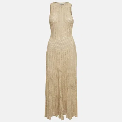 Pre-owned Sandro Beige Pointelle Lurex Flared Midi Dress Xs In Sand