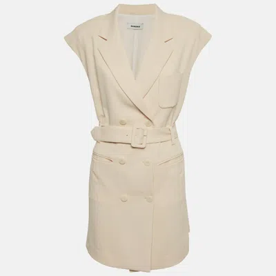 Pre-owned Sandro Beige Poplin Belted Sleeveless Short Dress Xl In Sand
