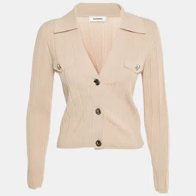 Pre-owned Sandro Beige Rib Knit Collared Cropped Cardigan M In Sand