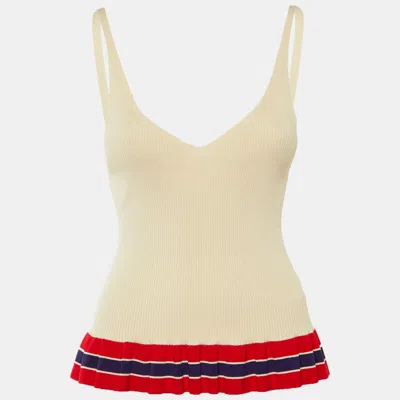 Pre-owned Sandro Beige Striped Rib Knit Ruffled Top L In Sand