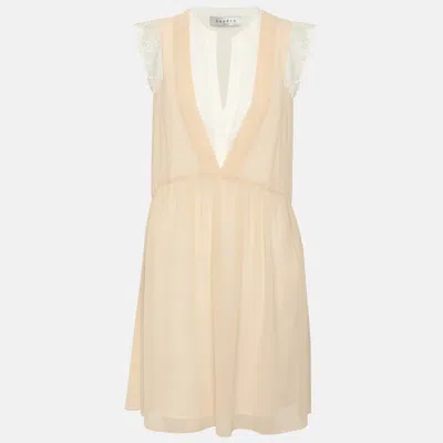 Pre-owned Sandro Beige/white Crepe And Lace Mini Dress L In Sand