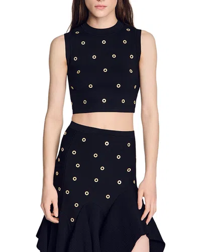 Sandro Bel Studded Knit Cropped Top In Black