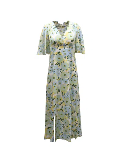 Pre-owned Sandro Bell-sleeve Floral Dress In Blue