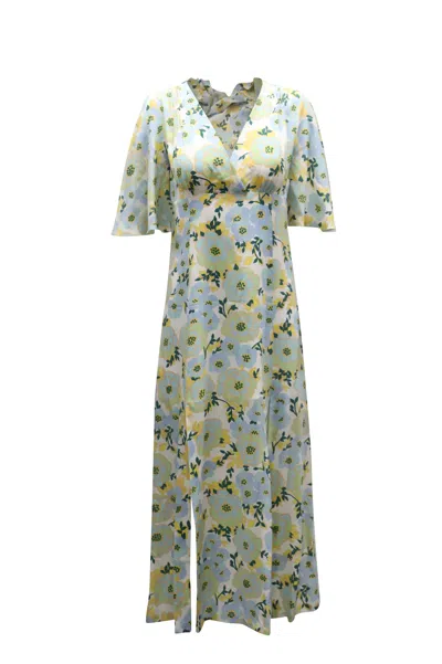 Pre-owned Sandro Bell Sleeve V-neck Floral Midi Dress In Light Blue Silk Chiffon In Green