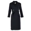 Sandro Belted Double-breasted Coat In Navy Blue Wool In Blue