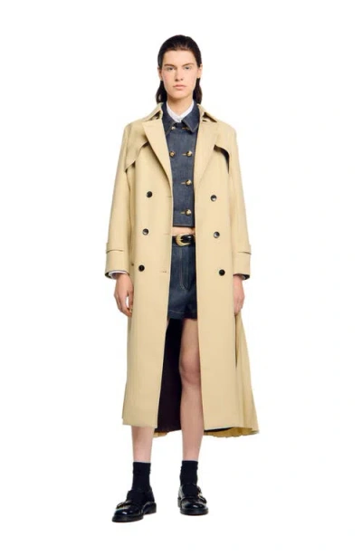 Sandro Belted Double-breasted Trench In Neutral