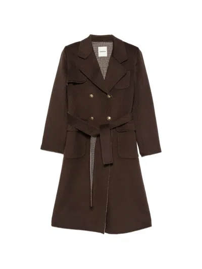 Sandro Belted Double-breasted Coat In Brown