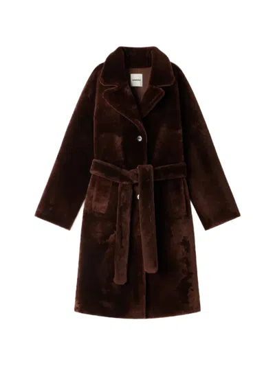Sandro Belted Shearling Coat In Brown