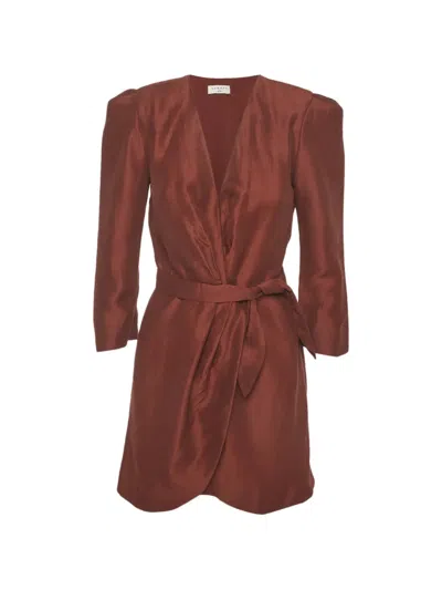 Pre-owned Sandro Belted Wrap Mini Dress In Brown