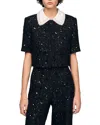 Sandro Womens Black Cropped Rhinestone-embellished Tweed Jacket In Black