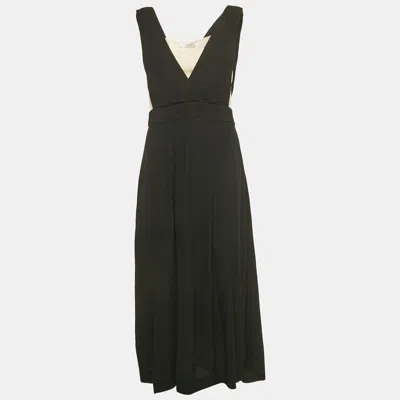 Pre-owned Sandro Black /beige Crepe Sleeveless Midi Dress L