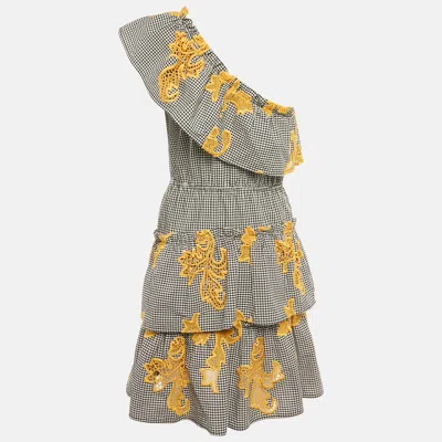 Sandro Black Checkered Cotton & Contrast Cutwork Detail One Shoulder Tiered Mini Dress In Multi