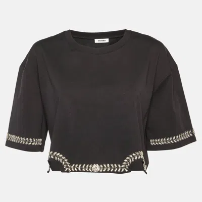 Sandro Black Cotton Rhinestone Embellished Larry Crop Top