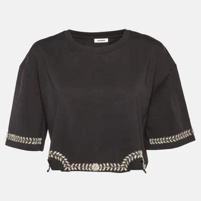 Pre-owned Sandro Black Cotton Rhinestone Embellished Larry Crop Top M