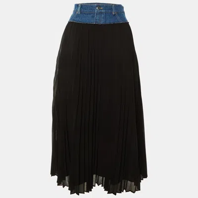 Pre-owned Sandro Black Crepe & Denim Pleated Midi Skirt M
