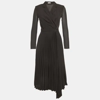 Sandro Black Crepe & Plisse Wrap Style Midi Dress In Green