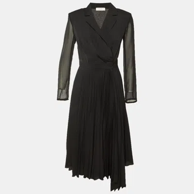 Pre-owned Sandro Black Crepe & Plisse Wrap Style Midi Dress S