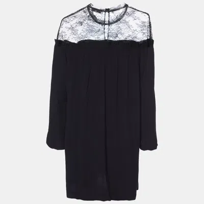 Sandro Black Crepe Lace Trim Shift Dress In Blue