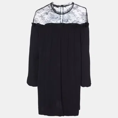 Pre-owned Sandro Black Crepe Lace Trim Shift Dress L