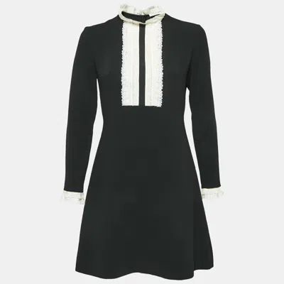 Pre-owned Sandro Black Crepe Lace Trim Shift Mini Dress M